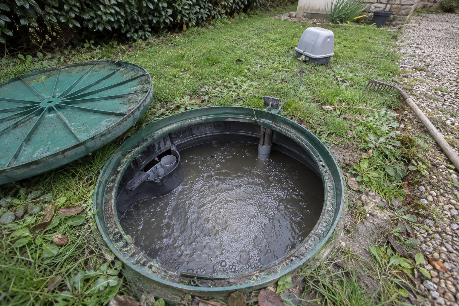 Couvercle ouvert d’une micro-station dans une pelouse, laissant voir une eau brassée par des bulles d’air.